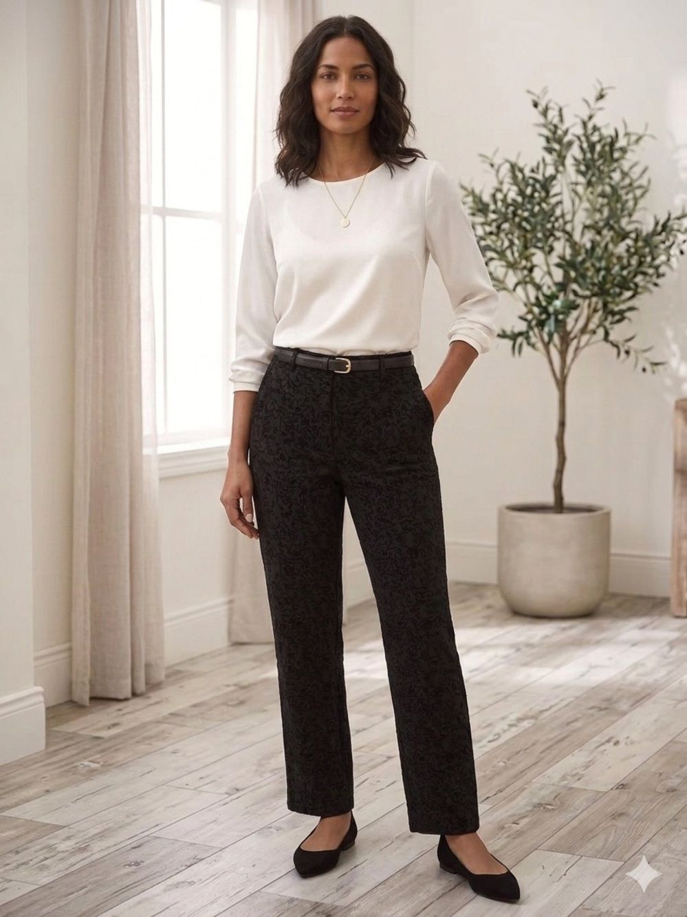 Peck & Peck Black Embellished velvet Jacquard Straight-Leg Pants